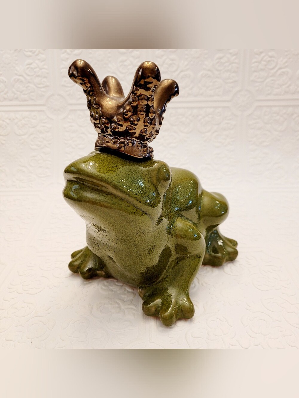 Green Ceramic Frog with Bronze Crown Figurine